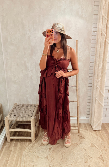 Vestido Comprido com Folhos Laterais