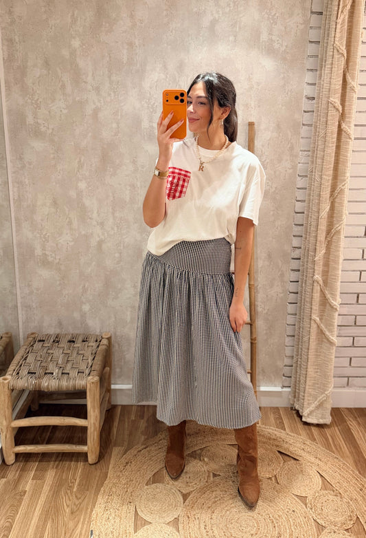 Saia midi com padrão vichy