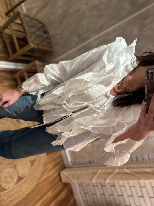 Blusa de seda transparente com atilhos e folhos