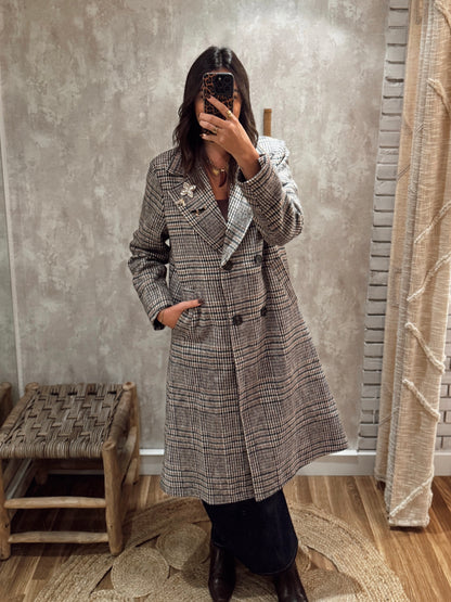 Casaco Clássico em Fazenda com Alfinetes Removíveis- preto/branco/castanho