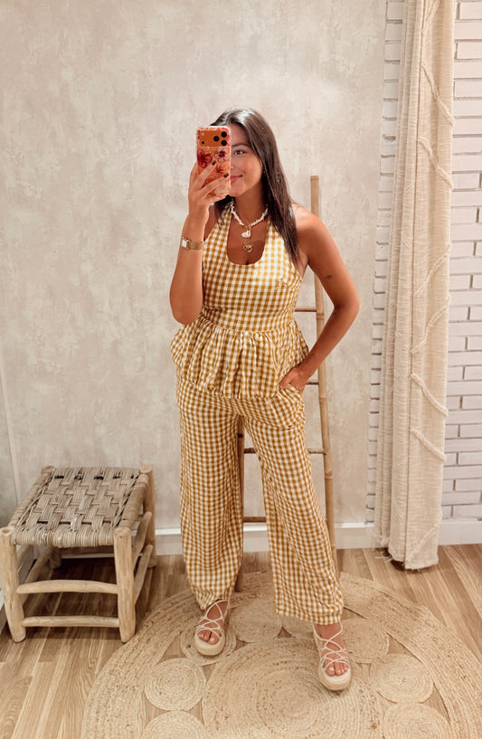 Conjunto Vichy Top Halter & Calças Pantalona