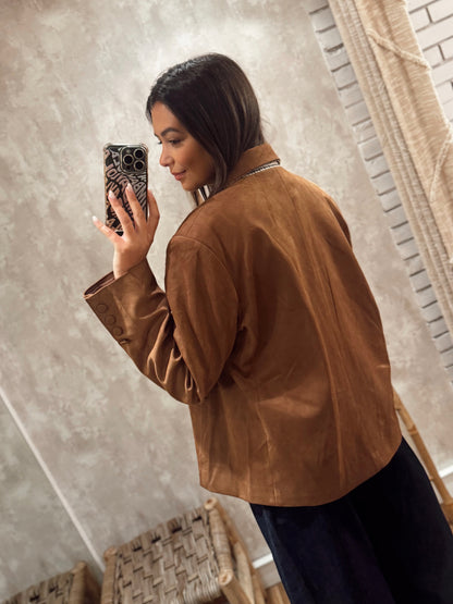 Blazer oversized em pele de pêssego -Camel