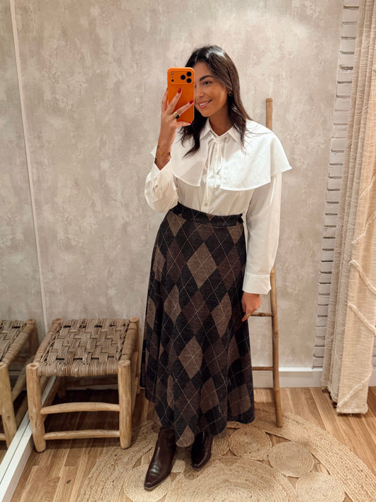 Saia Midi com Padrão Losangos em Tons Neutros