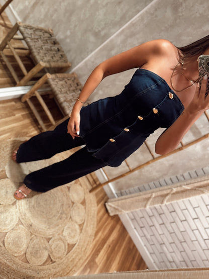 Conjunto de top e calça em ganga