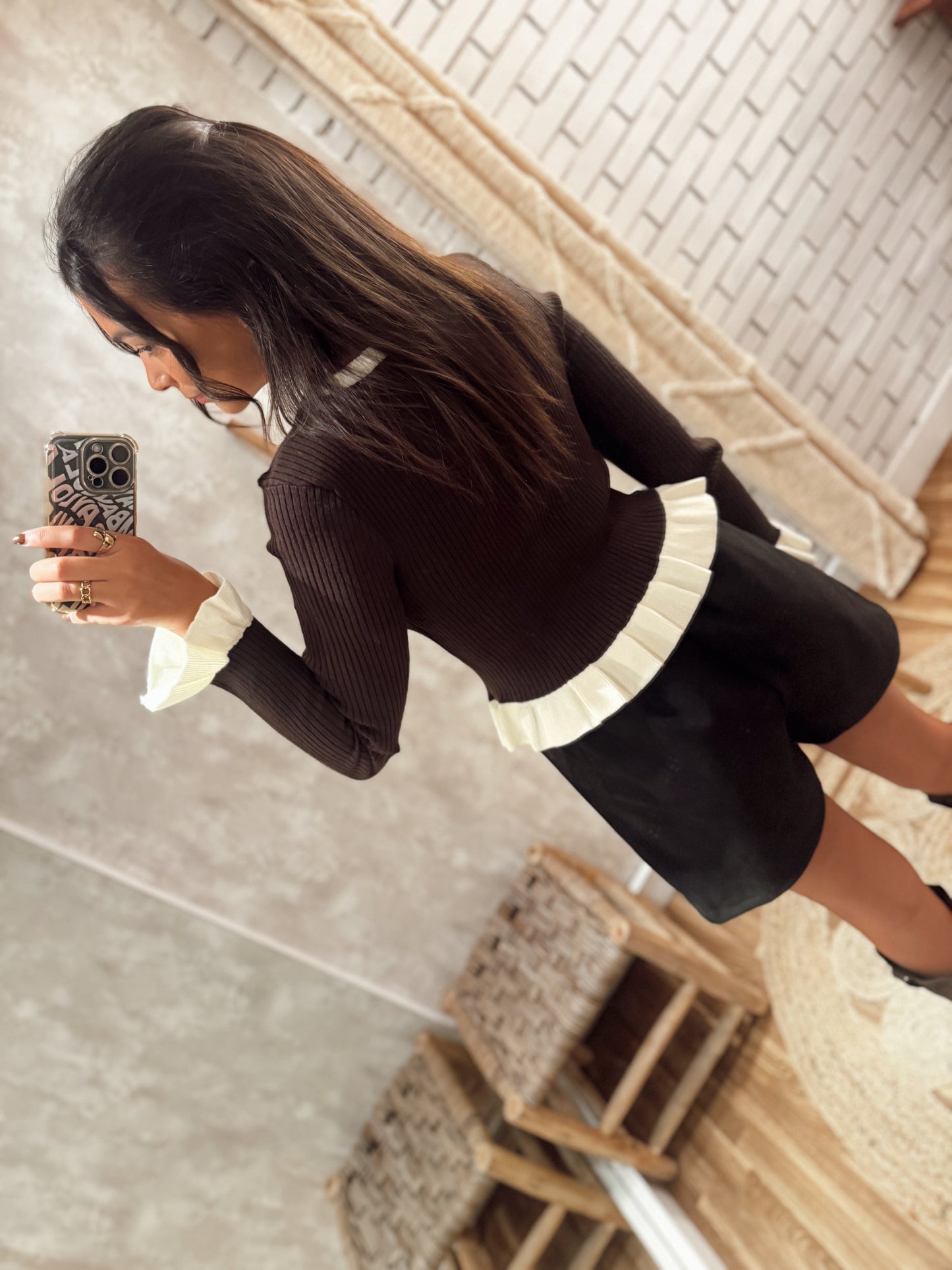 Camisola em malha canelada c/folhos