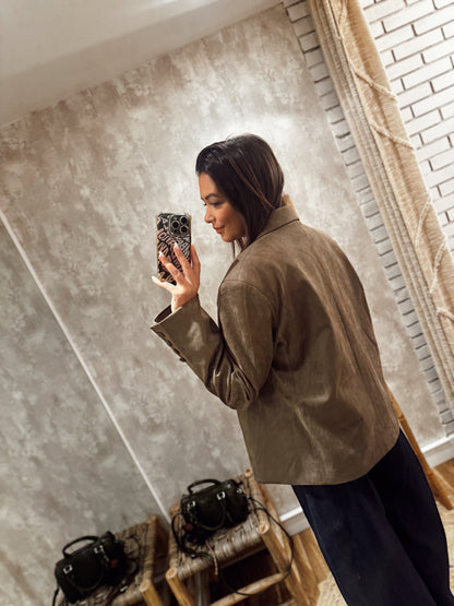 Blazer oversized em pele de pêssego -Verde