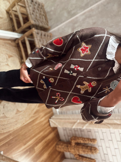 Cardigan castanho com detalhes natalícios