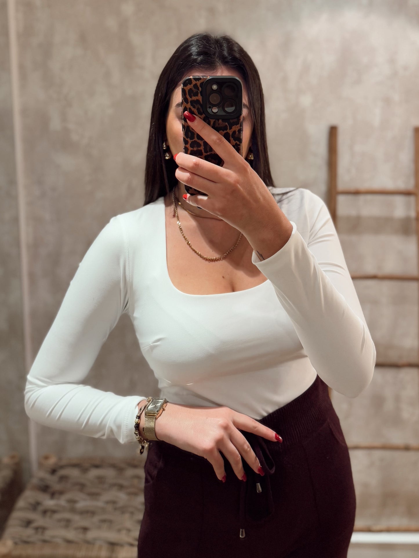 Body manga comprida em licra c/decote quadrado