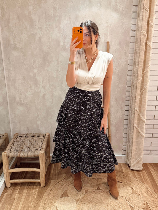 Saia midi com folhos e padrão polka dots