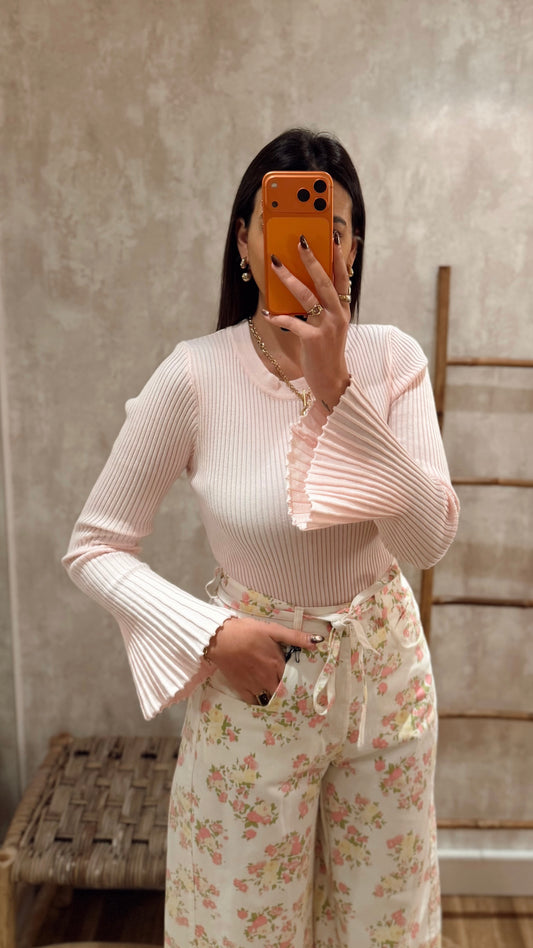 Camisola Canelada com Mangas em Folho