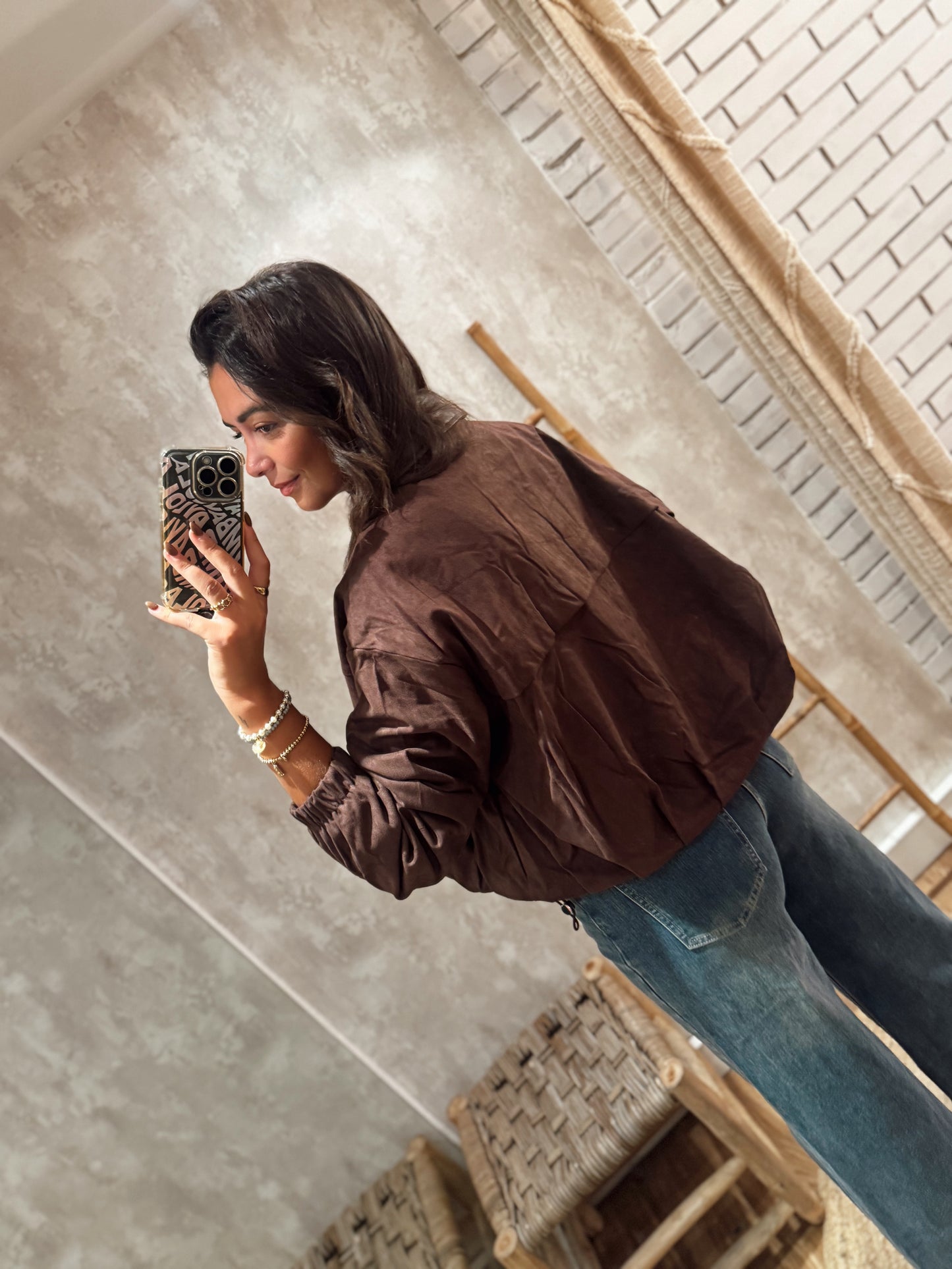 Chaqueta bomber de ante con cuello de napa - Marrón