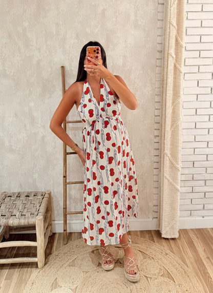 Vestido com Decote Halter e Padrão Sardinhas & Tomates