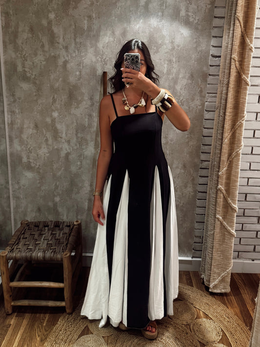 VESTIDO BICOLOR C/ALÇAS FINAS – PRETO