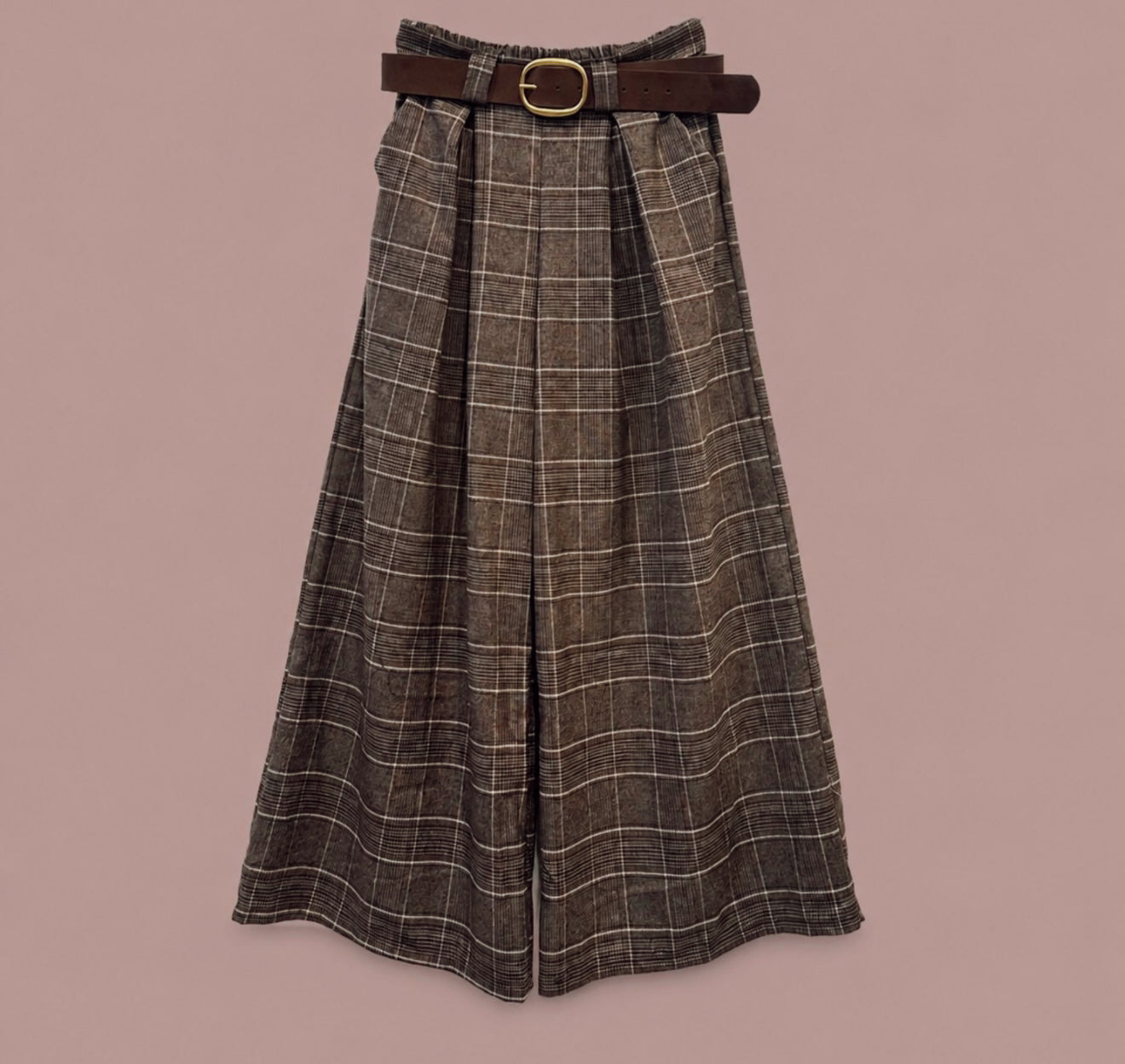 Calças Wide Leg Xadrez com Cinto