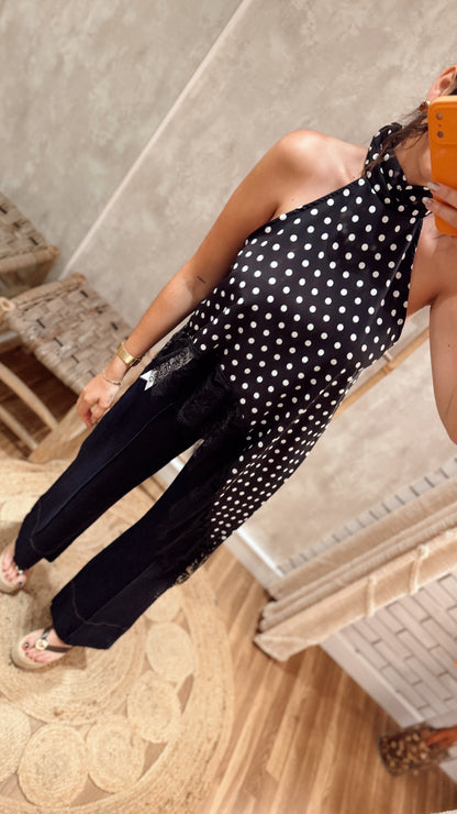Top Assimétrico Polka Dots com Renda