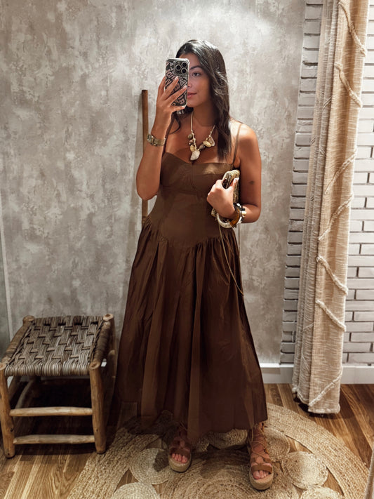 Vestido c/efeito corpete - castanho