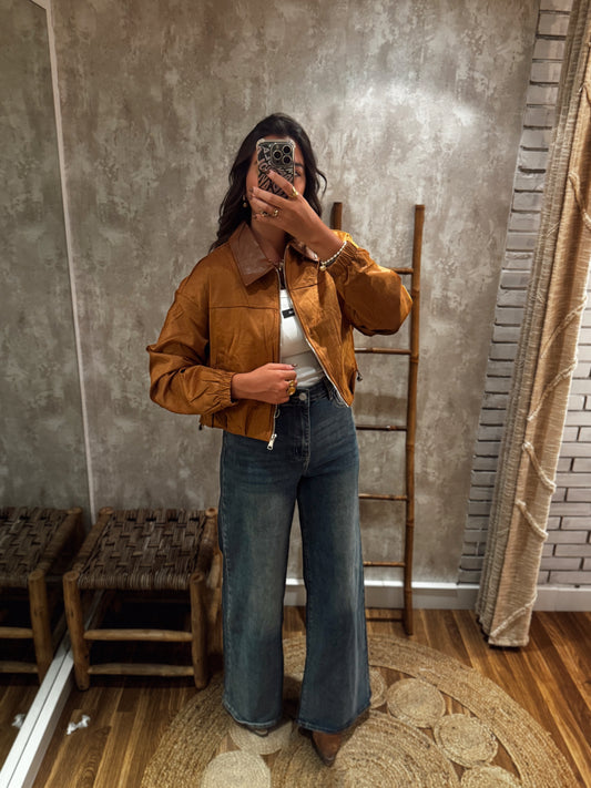 Chaqueta bomber de ante con cuello de napa - Camel