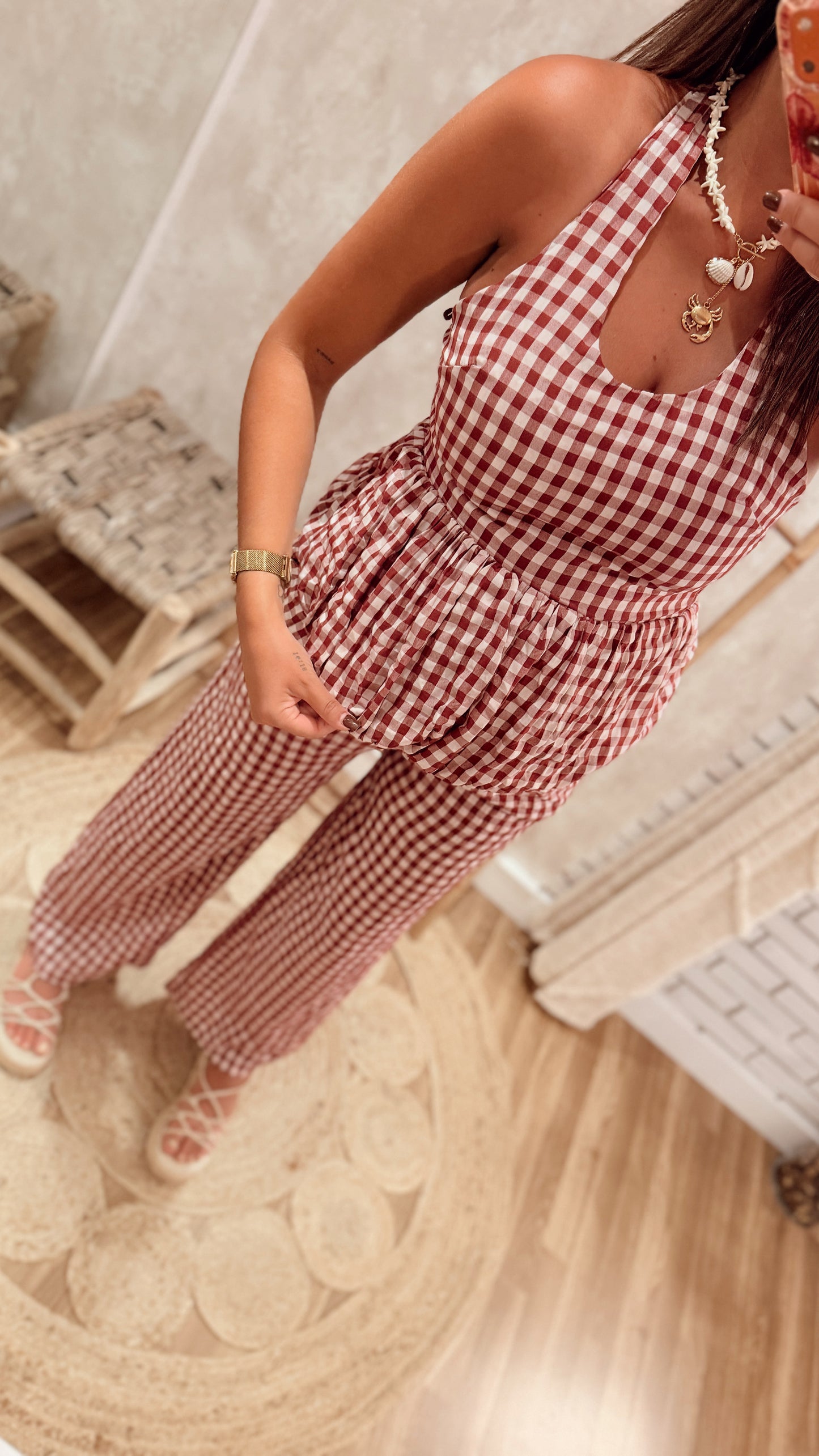 Conjunto Vichy Top Halter & Calças Pantalona