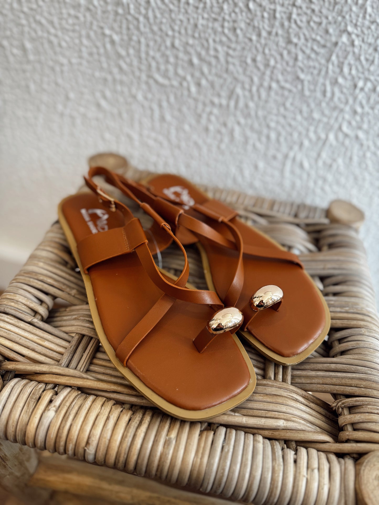 Sandalia plana color camel con tira en T y detalle de aplique metálico dorado