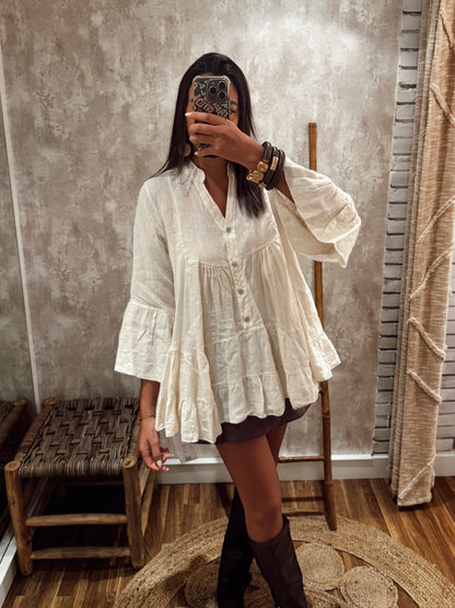 Túnica camiseiro com folhos – 100% linho