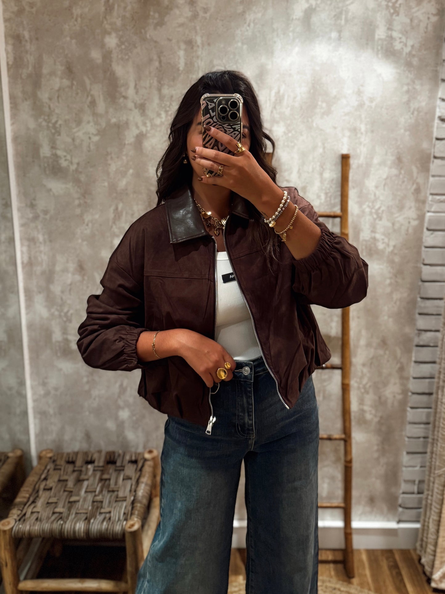 Chaqueta bomber de ante con cuello de napa - Marrón