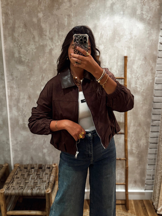 Chaqueta bomber de ante con cuello de napa - Marrón