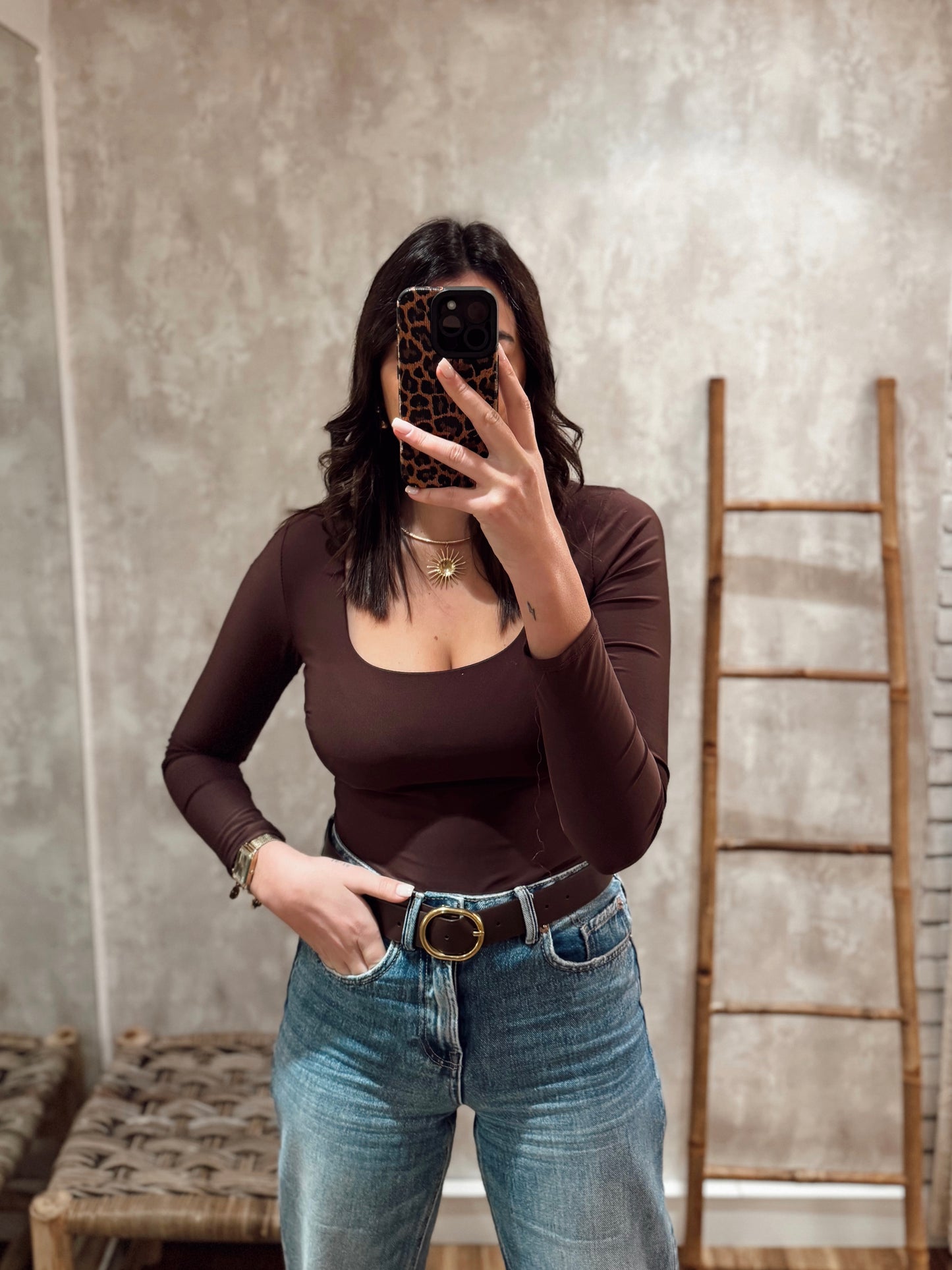 Body manga comprida em licra c/decote quadrado