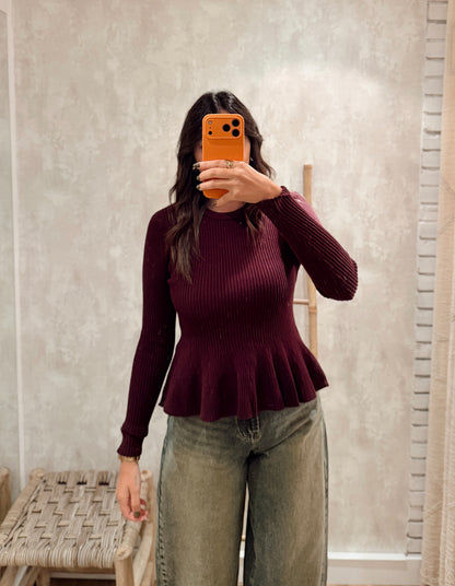 Camisola em Malha Canelada com Folho Peplum