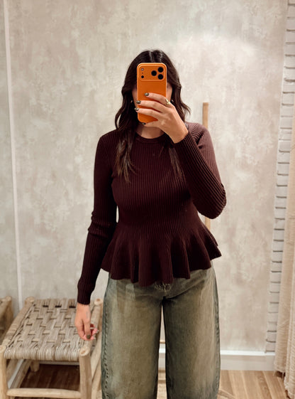 Camisola em Malha Canelada com Folho Peplum