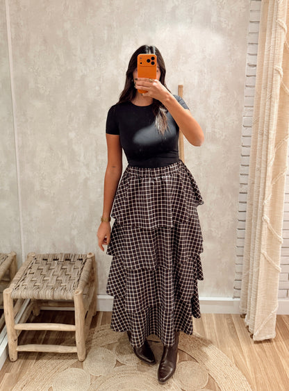Saia Midi Xadrez com Folhos