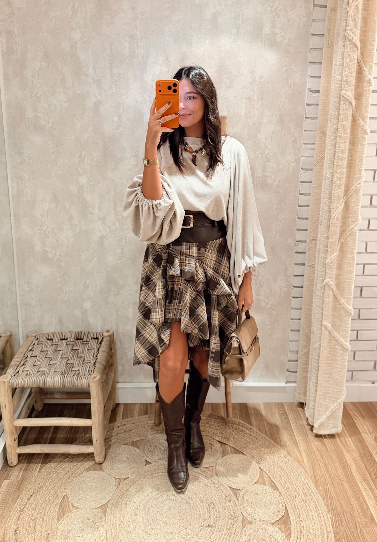 Saia Midi Xadrez com Folhos