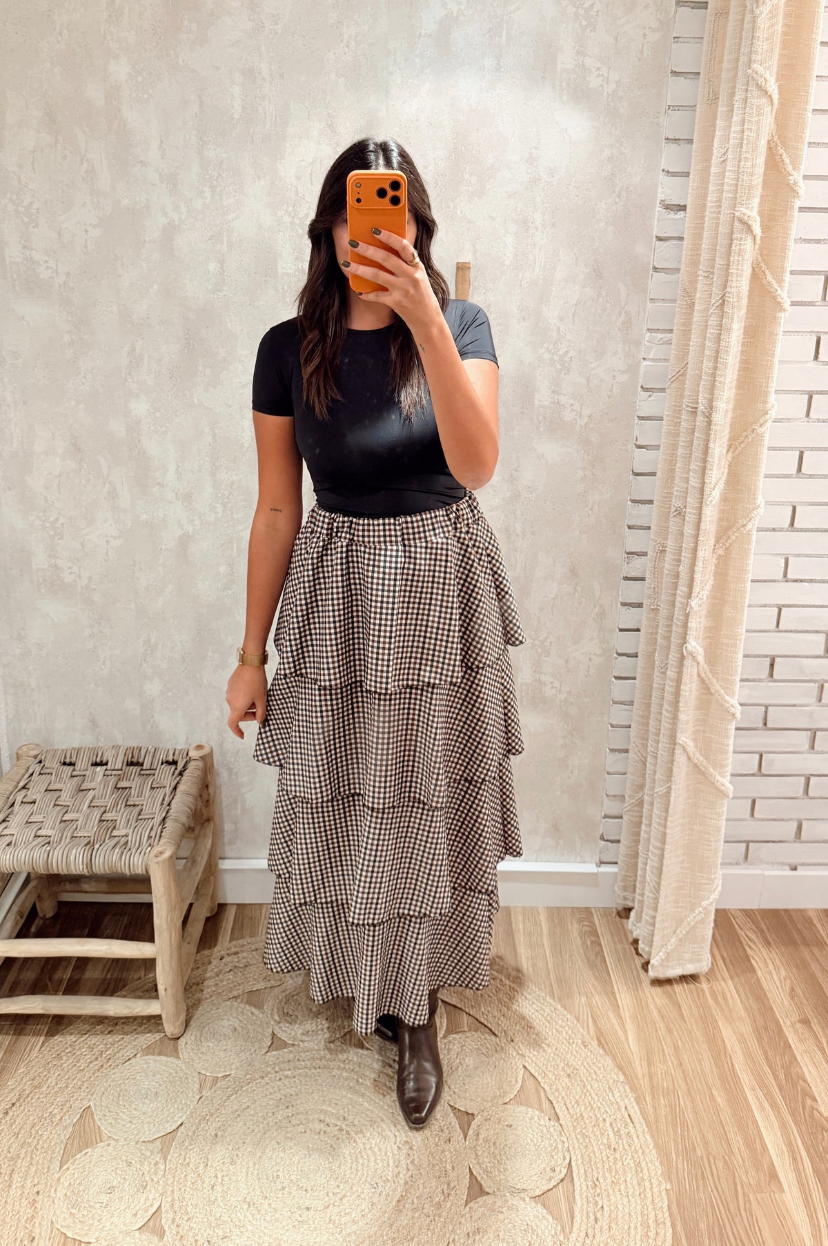 Saia Midi Xadrez com Folhos