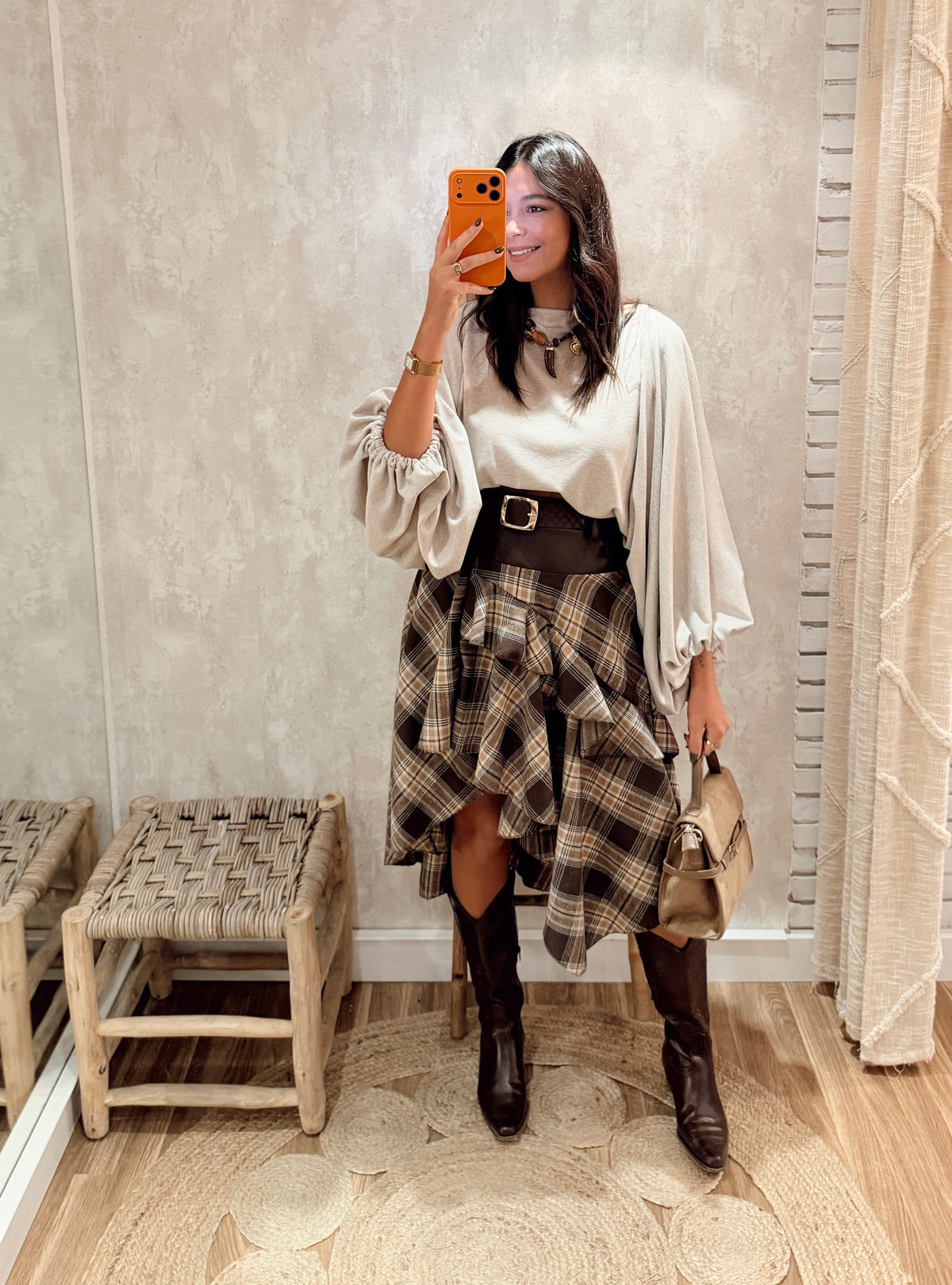 Saia Midi Xadrez com Folhos