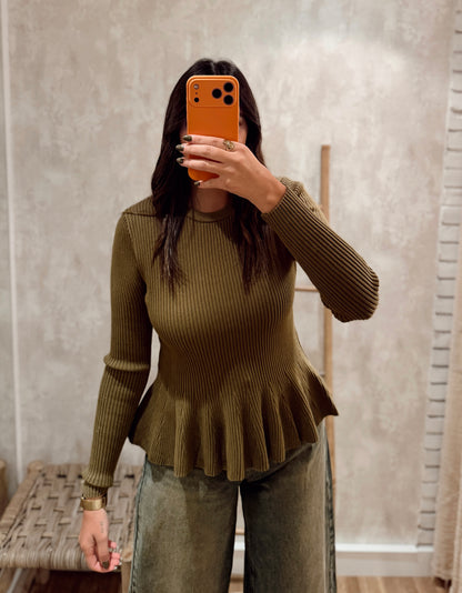 Camisola em Malha Canelada com Folho Peplum