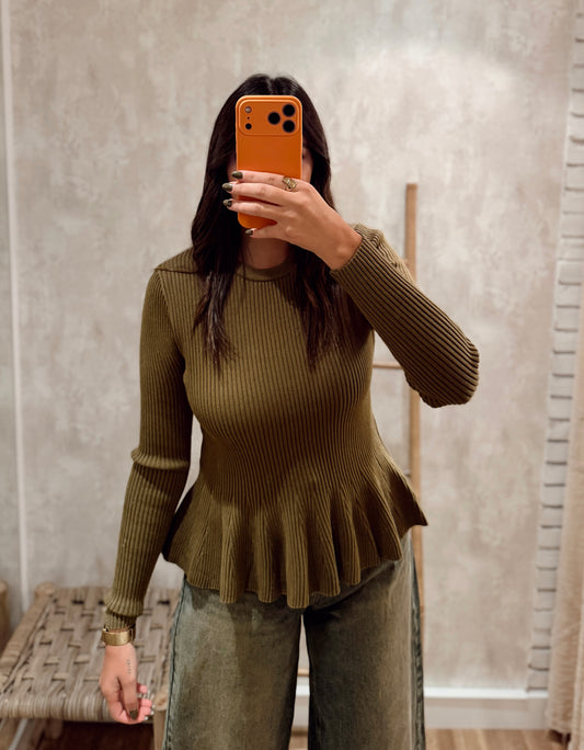 Camisola em Malha Canelada com Folho Peplum